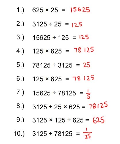 10 questions about multiplying or dividing with powers of 5. 