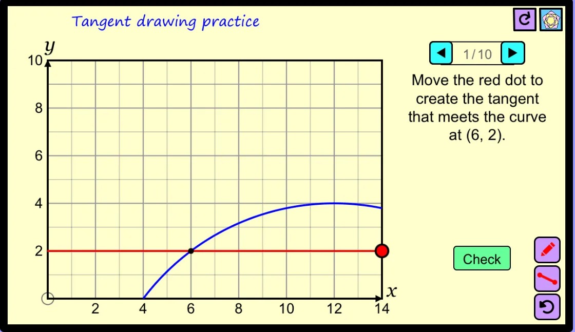 Tangent drawing practice

Move the red dot to create the tangent that meets the curve at (6, 2).