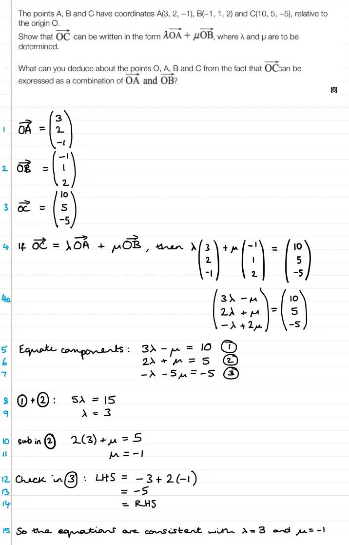 An exam question about vectors, and a worked solution with each line numbered. 