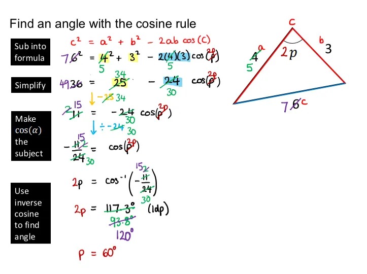 The solution and green annotations are there from the last slide. Now the side length of 6 has been crossed out and replaced (in purple) with 7, and the angle p has been changed (in red) to 2p. Necessarily changes have been made in purple and red elsewhere in the solution. 