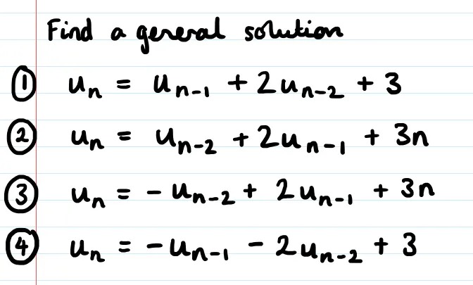 A set of 4 similar-looking recurrence relations that require slightly different techniques to solve. 