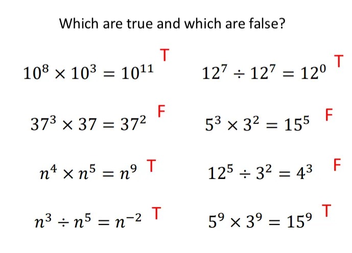 Some true or false questions about index laws for multiplying and dividing. 