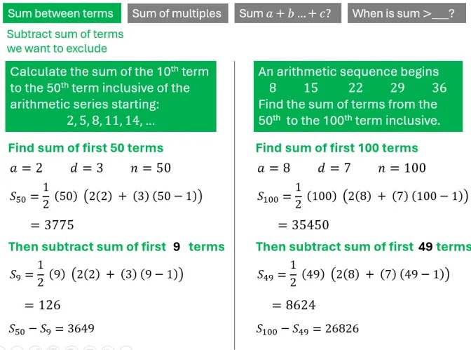 A PowerPoint slide with two questions asking for the sum of certain terms of an arithmetic sequence (eg the 10th to 50th terms)