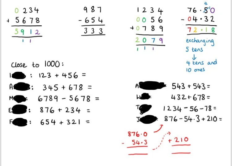 Modelled answers for the first four questions, followed by 9 student’s suggested calculations for the challenge. 