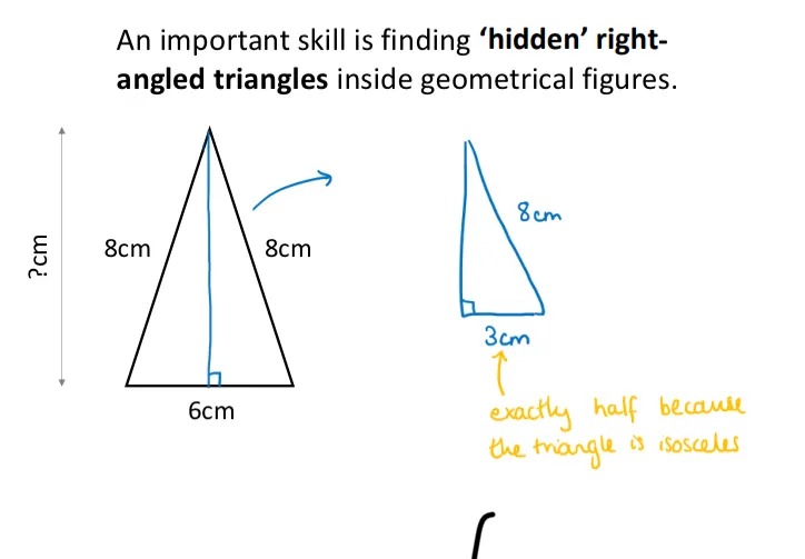 An important skill is finding 'hidden' right-angled triangles inside geometrical figures.
Next to a picture of an isosceles triangle is a diagram showing half of the triangle, with the right angle marked. An arrow to the base of this new triangle is labelled “exactly half because the triangle is isosceles”