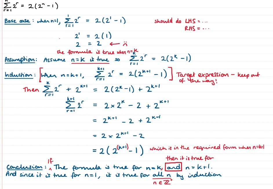 A badly written proof that has been annotated in red with corrections. 