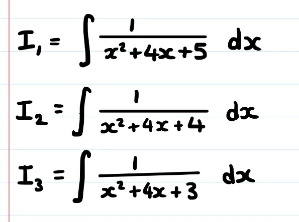 Three integrals of the form 1/(x^2 + 4x + a), where a is 3, 4 and 5 respectively. 