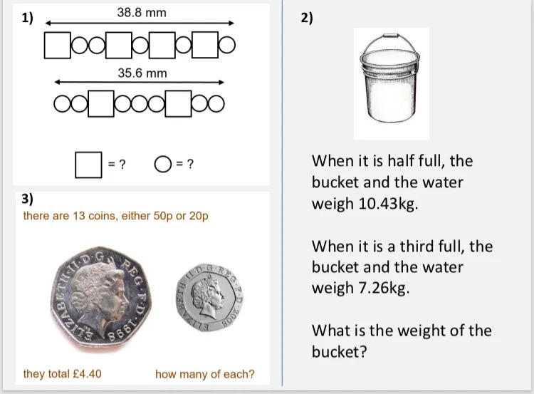 Three problems that can be represented by simultaneous equations: one about the length of two strings of square and circular beads, one about the weight of a bucket containing different amounts of water, and one about the value of a given number of coins. 