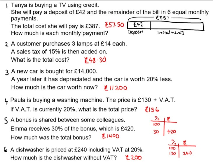 Six questions on a slide. 

Question 1 says I Tanya is buying a TV using credit.
She will pay a deposit of £42 and the remainder of the bill in 6 equal monthly payments.
The total cost she will pay is £387. €57.50
How much is each monthly payment?

A bar model showing the deposit, instalments and total cost is drawn next to it. 

The other five questions all involve percentages in some way. 