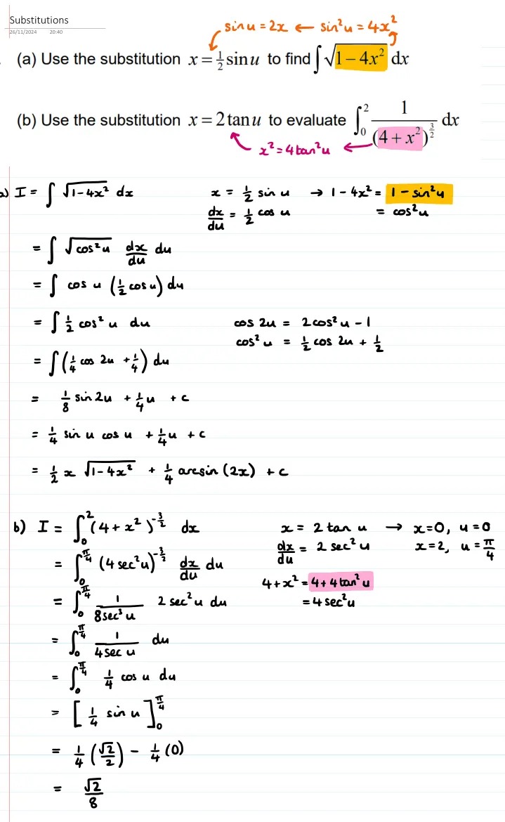Two integrals where a trigonometric substitution has been given, and their worked solutions.