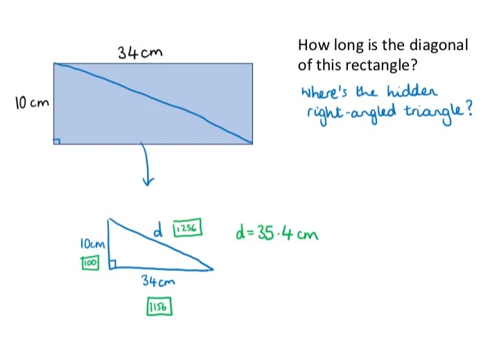 How long is the diagonal of this rectangle?
Where's the hidden right-angled triangle?