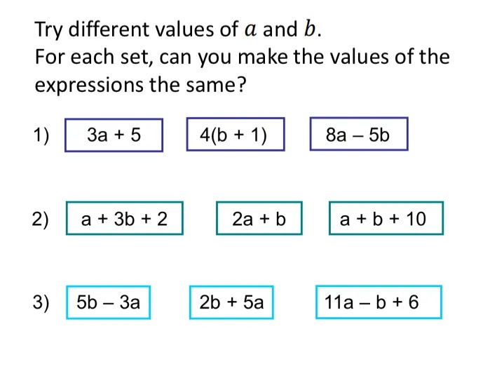Try different values of a and b.
For each set, can you make the values of the expressions the same?

1)
3a + 5
4(b + 1)
8a - 5b

2)
a + 3b+2
2a + b
a + b + 10

3)
5b - 3a
2b + 5a
11a - b + 6