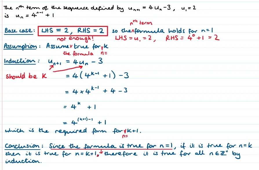 A badly written proof that has been annotated in red with corrections. 